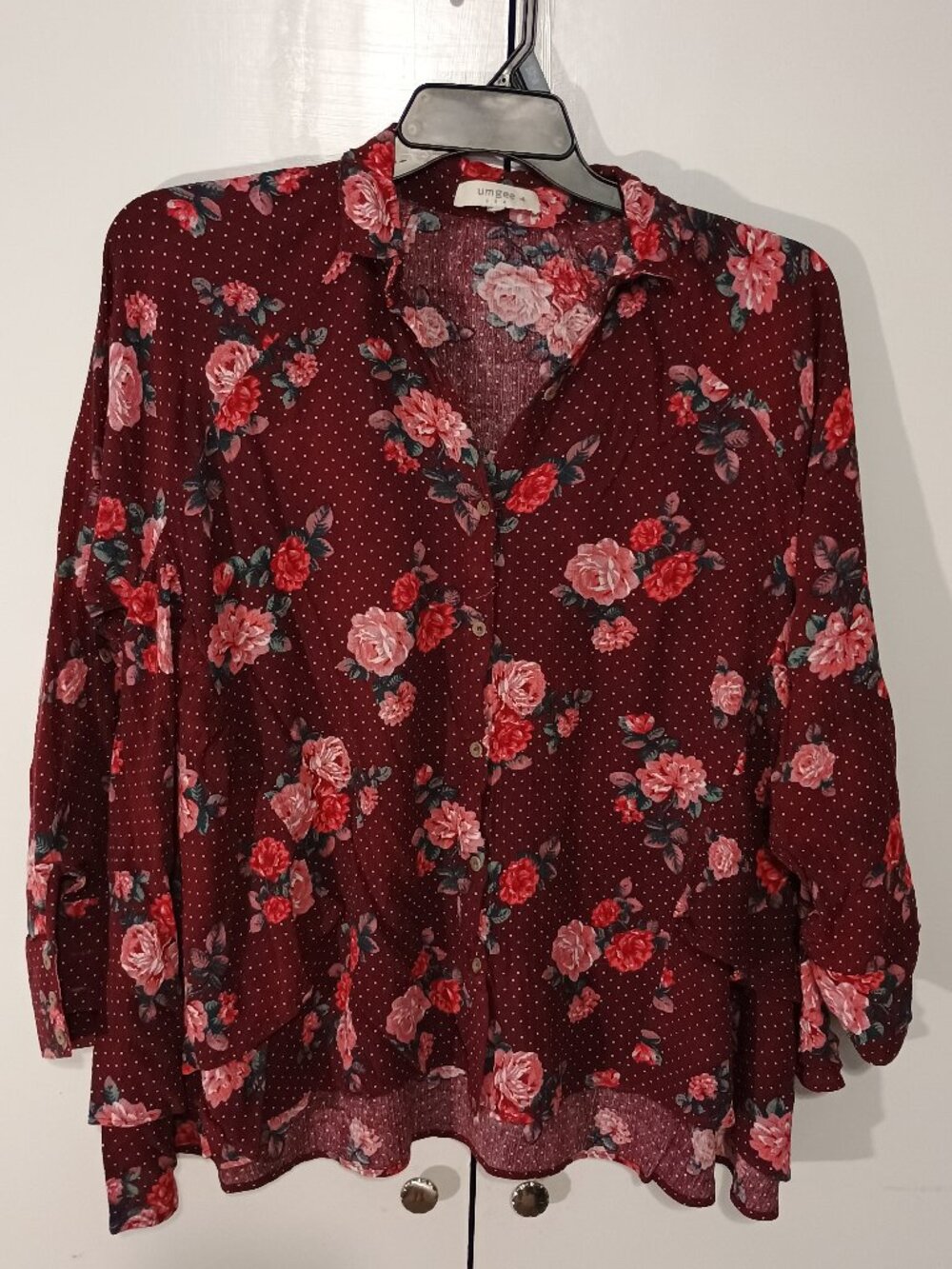 Umgee Burgundy Floral Polka Dot 3/4 Sleeve Ruffle Hem Blouse XL - Picture 2 of 8
